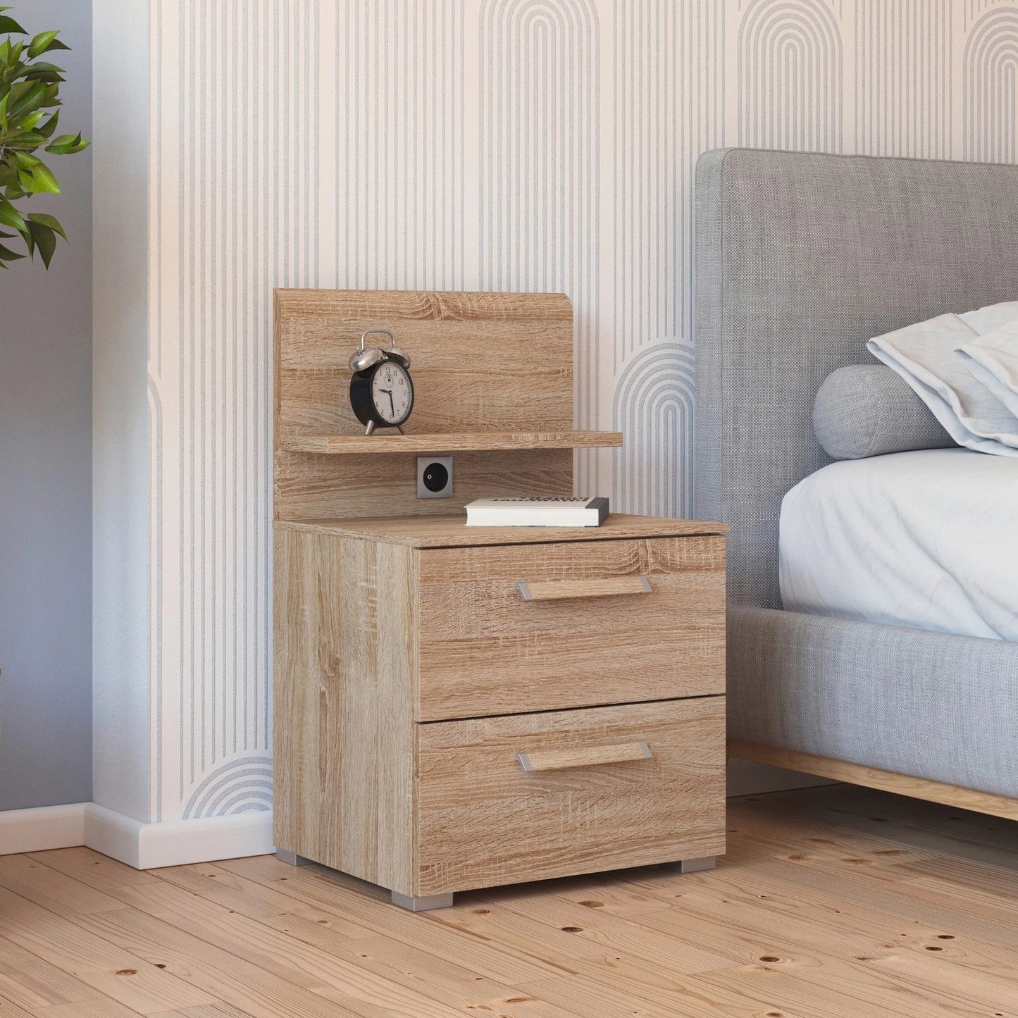 Rauch Eve Sonoma oak 2 Drawer bedside table with panel in bedroom