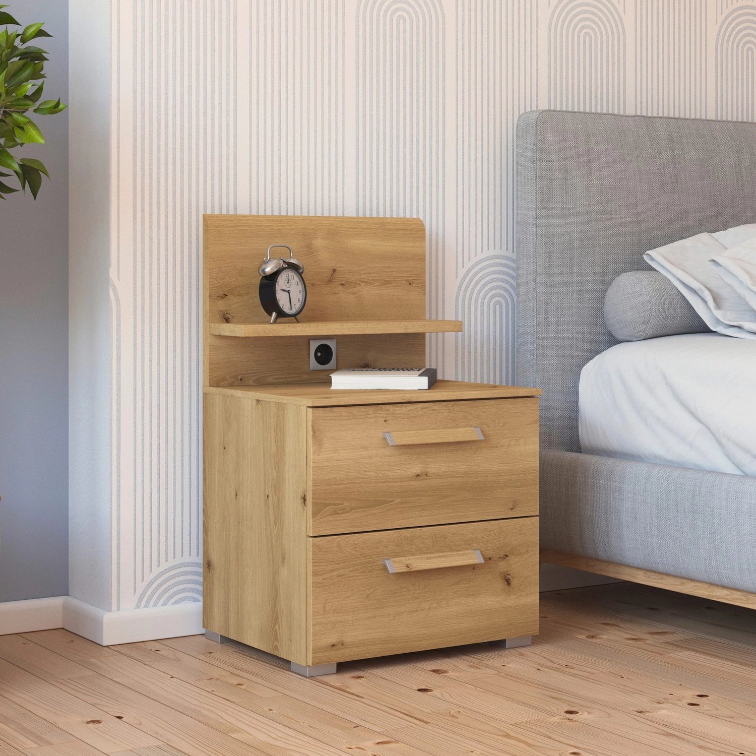 Rauch Eve wild oak 2 Drawer bedside table with panel in bedroom