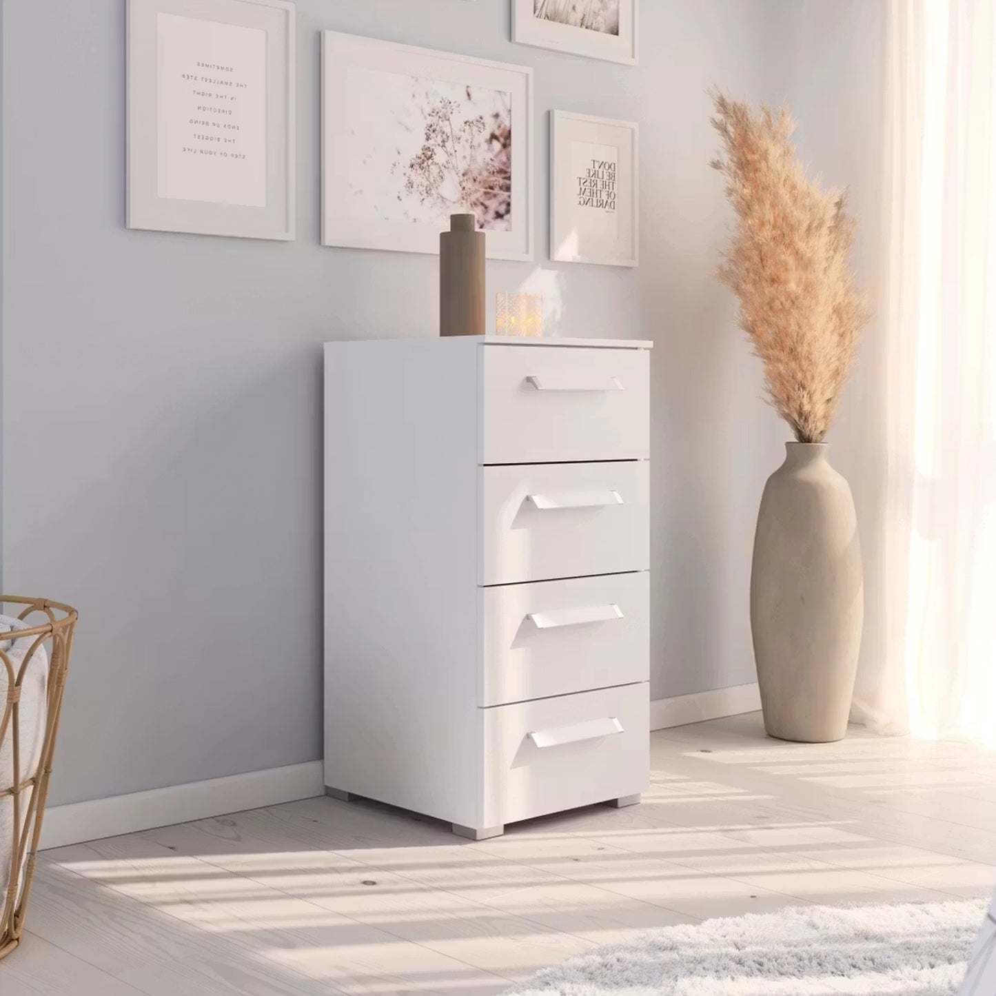 Rauch Eve White 4 Drawer Narrow Chest in bedroom