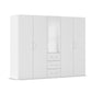 A modern white five-door wardrobe with a central mirror and three drawers, featuring slim silver handles, shown on a plain white background.