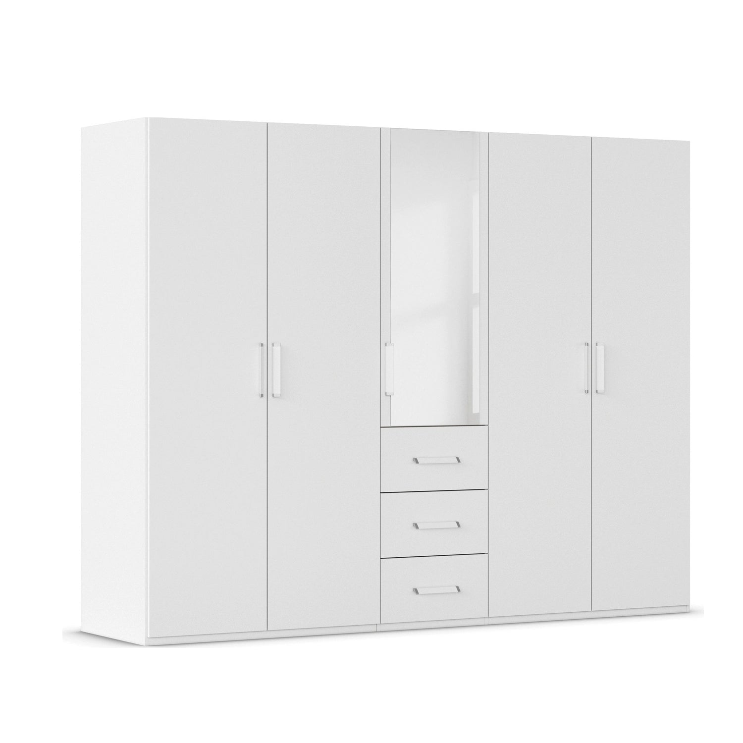 A modern white five-door wardrobe with a central mirror and three drawers, featuring slim silver handles, shown on a plain white background.