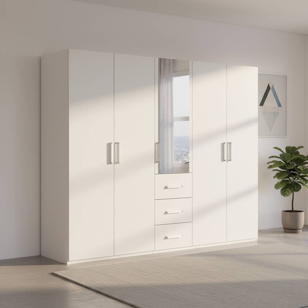 A modern Rauch white wardrobe with five doors, including one door with vertical mirror  and a central section with three drawers.