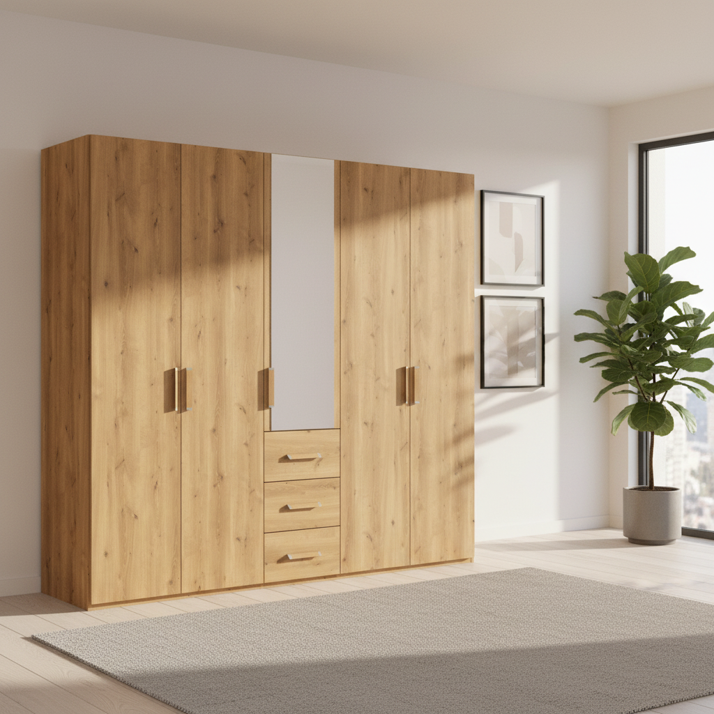 A large modern Rauch Evelyn 5 Door Hinged wardrobe with Mirror and Drawers in the Middle