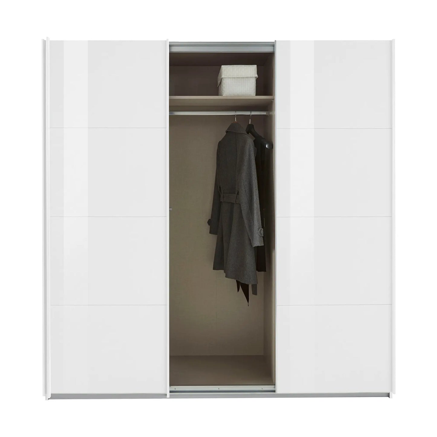 Rauch Forms 3 Door Sliding White Glass Wardrobe - Interior view Styled in a Bedroom