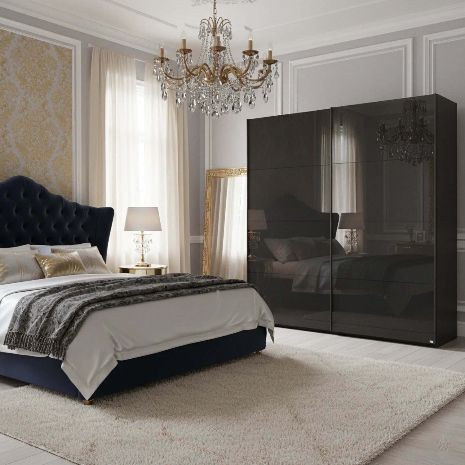 Rauch Forms Basalt Glass 2 Door Slider Wardrobe with Free Assembly service - Styled in a Modern Glamour Room