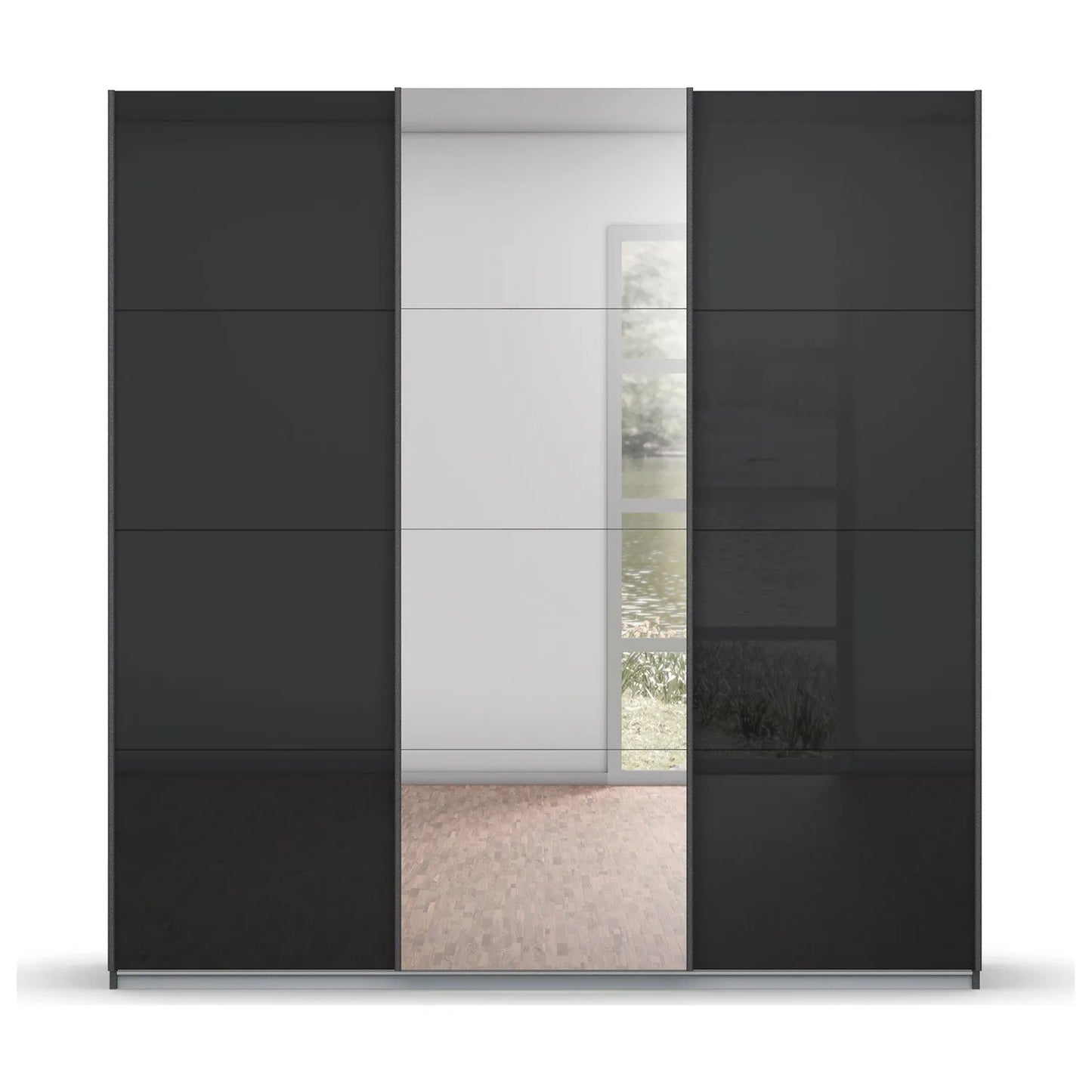 Rauch Forms Black Glass 3 Door Sliding Wardrobe with Mirror - Pendle Village Furniture