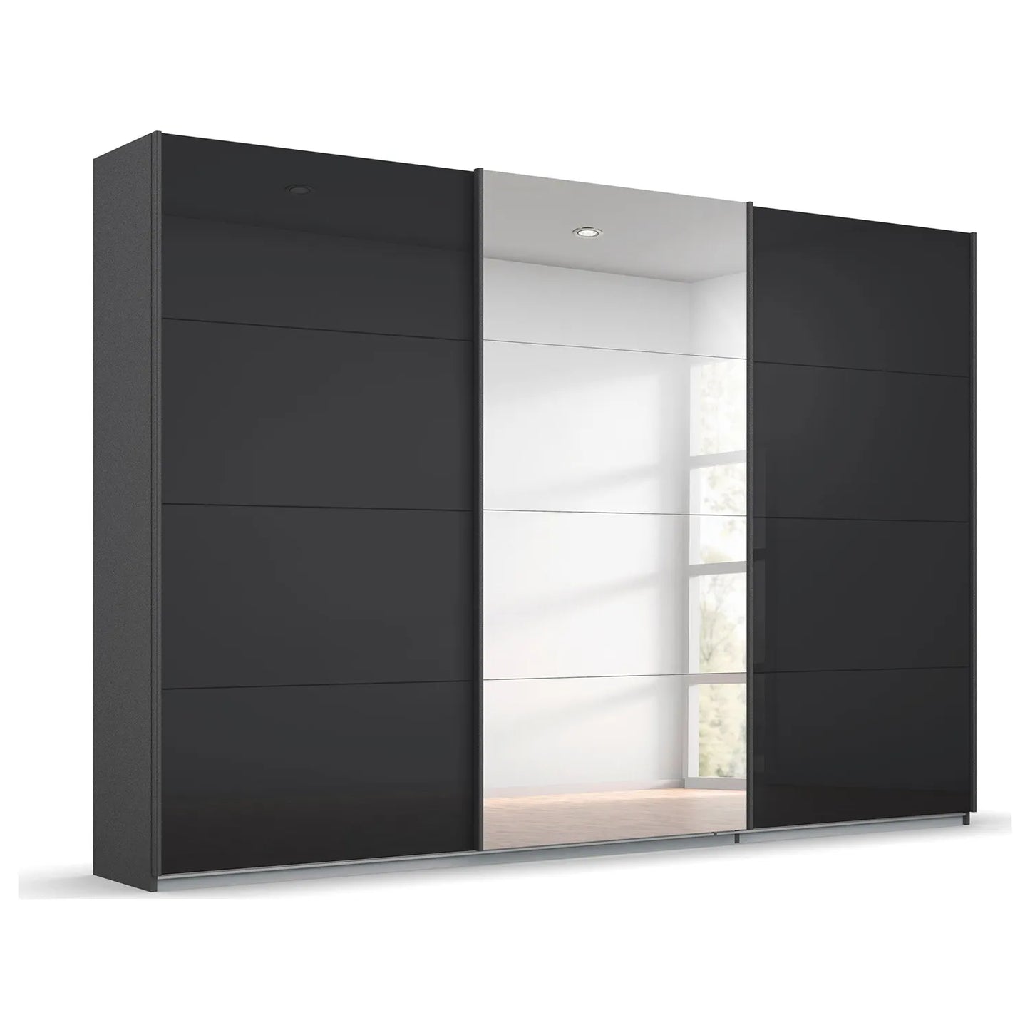 Rauch Forms Black Glass 3 Door Sliding Wardrobe with Mirror - Pendle Village Furniture