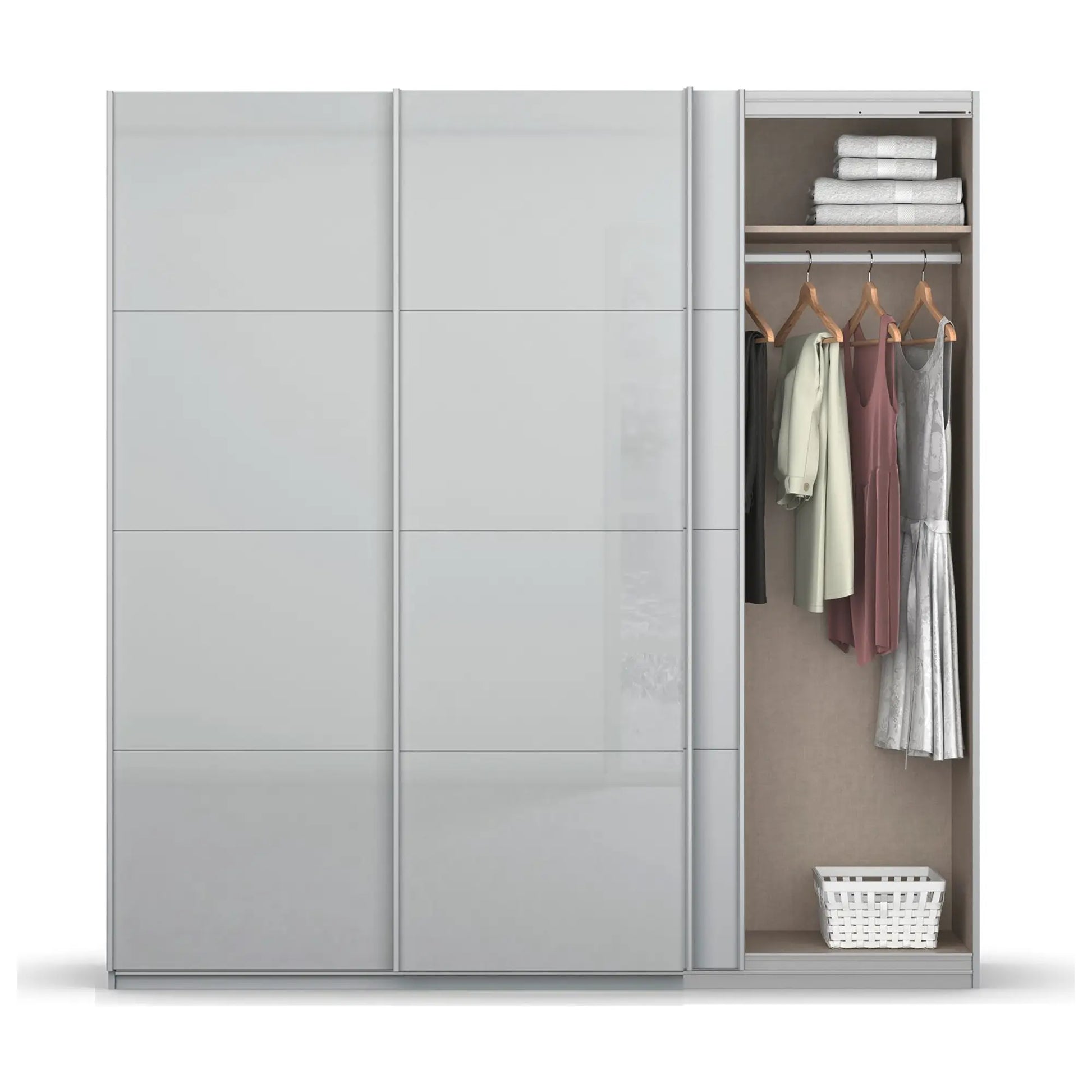 Rauch Forms Silk Grey Glass Triple Sliding Wardrobe - Interior view Styled in a Bedroom