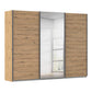 Rauch Forms three door sliding wardrobe in Artisan Oak with a mirrored centre door and graphite bar handles Width 271cm
