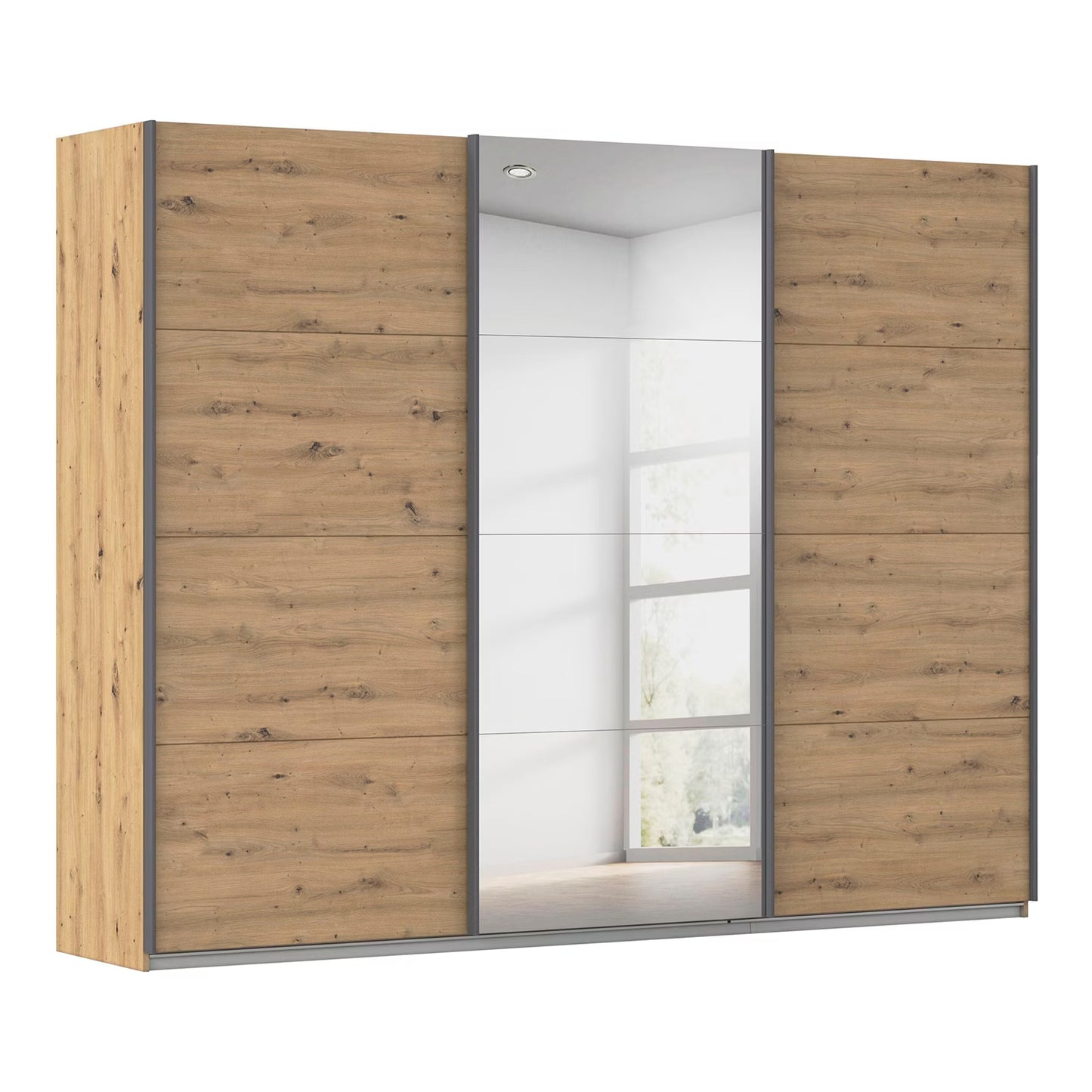 Rauch Forms three door sliding wardrobe in Artisan Oak with a mirrored centre door and graphite bar handles Width 271cm
