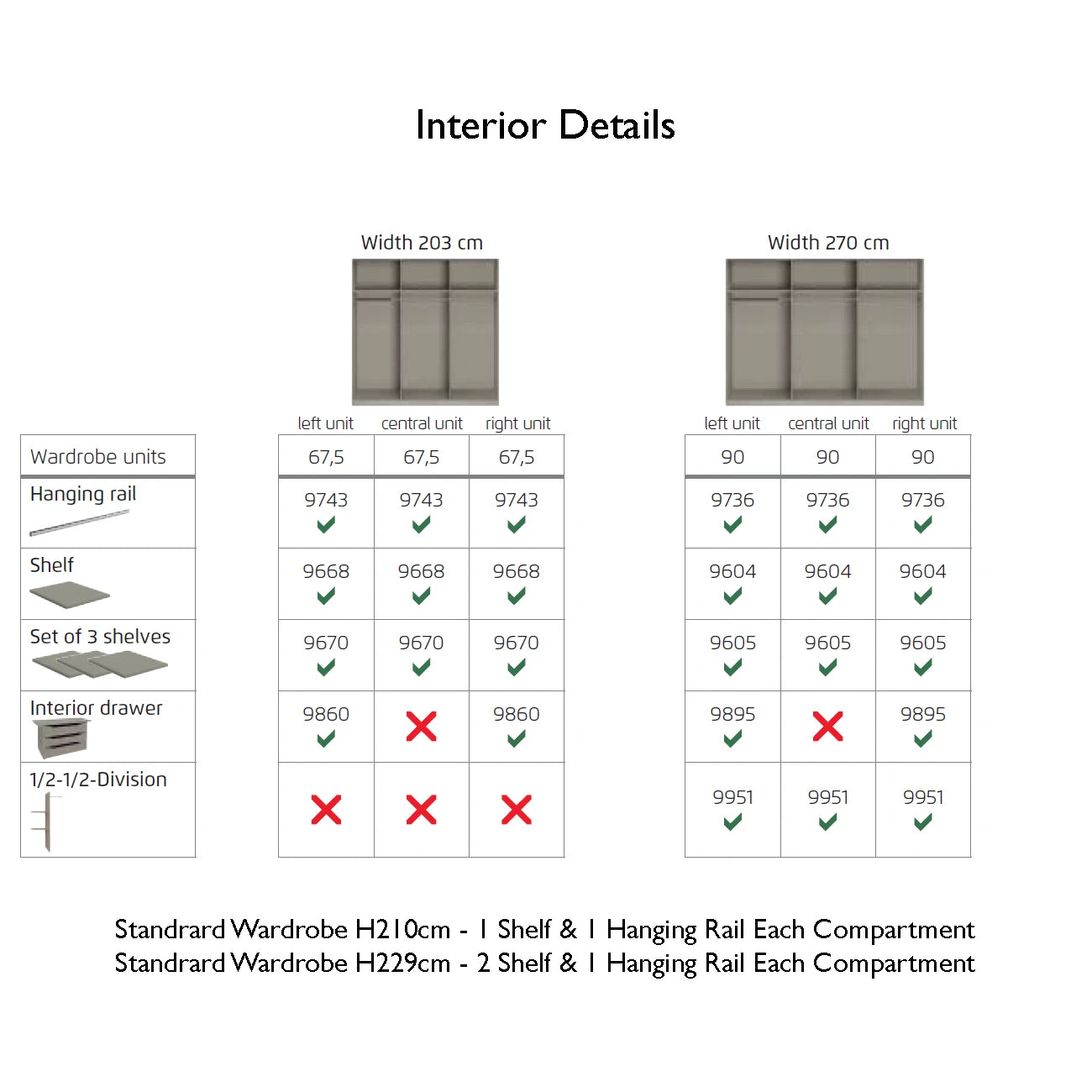 Wardrobe interior details with measurements and features on a white background