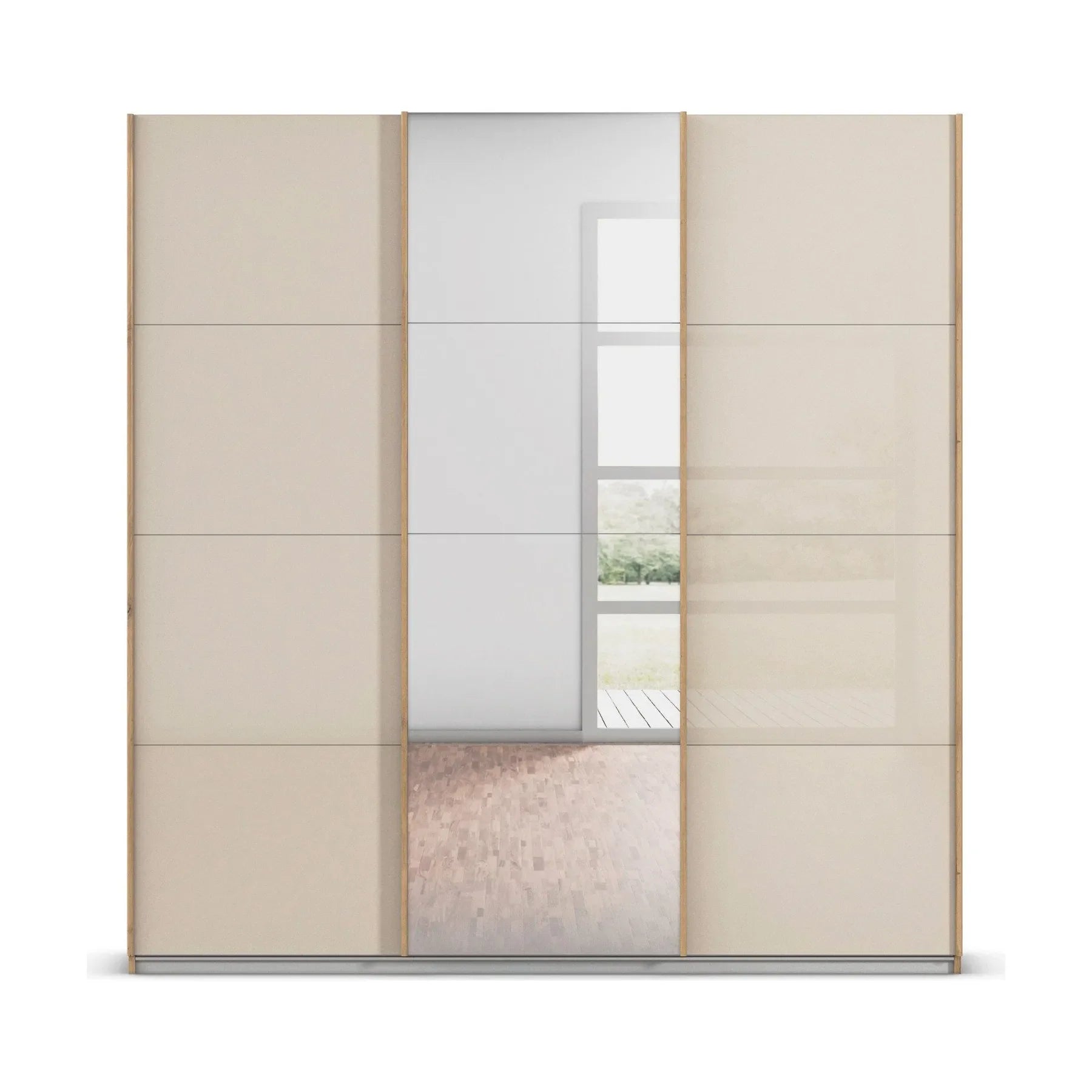 Rauch Forms 203cm Wide Oak & Champagne Glass 3 Door Sliding Wardrobe 