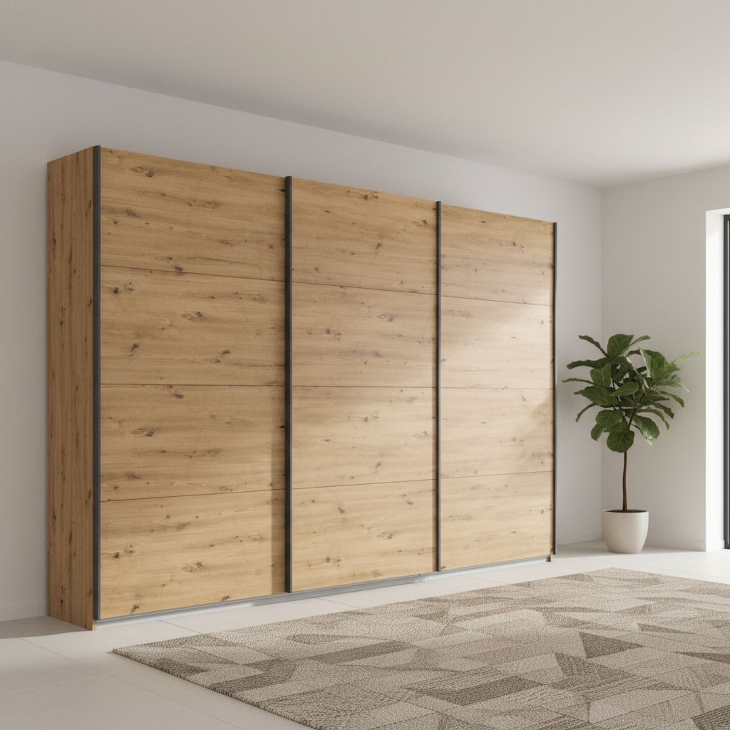 Rauch Forms three door sliding wardrobe in Artisan Oak with graphite bar handles
