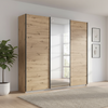 German-made Rauch Forms 3 door sliding wardrobe in Artisan Oak with a mirrored centre door. 203cm or 271cm wide. Free delivery, 10-year guarantee.
