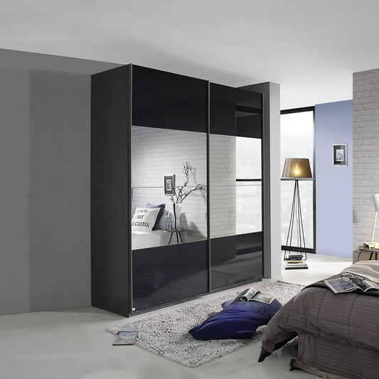 Rauch Forms Basalt Glass 2 Door Sliding Wardrobe with Mirror - W 137, 181, 226 or 271cm