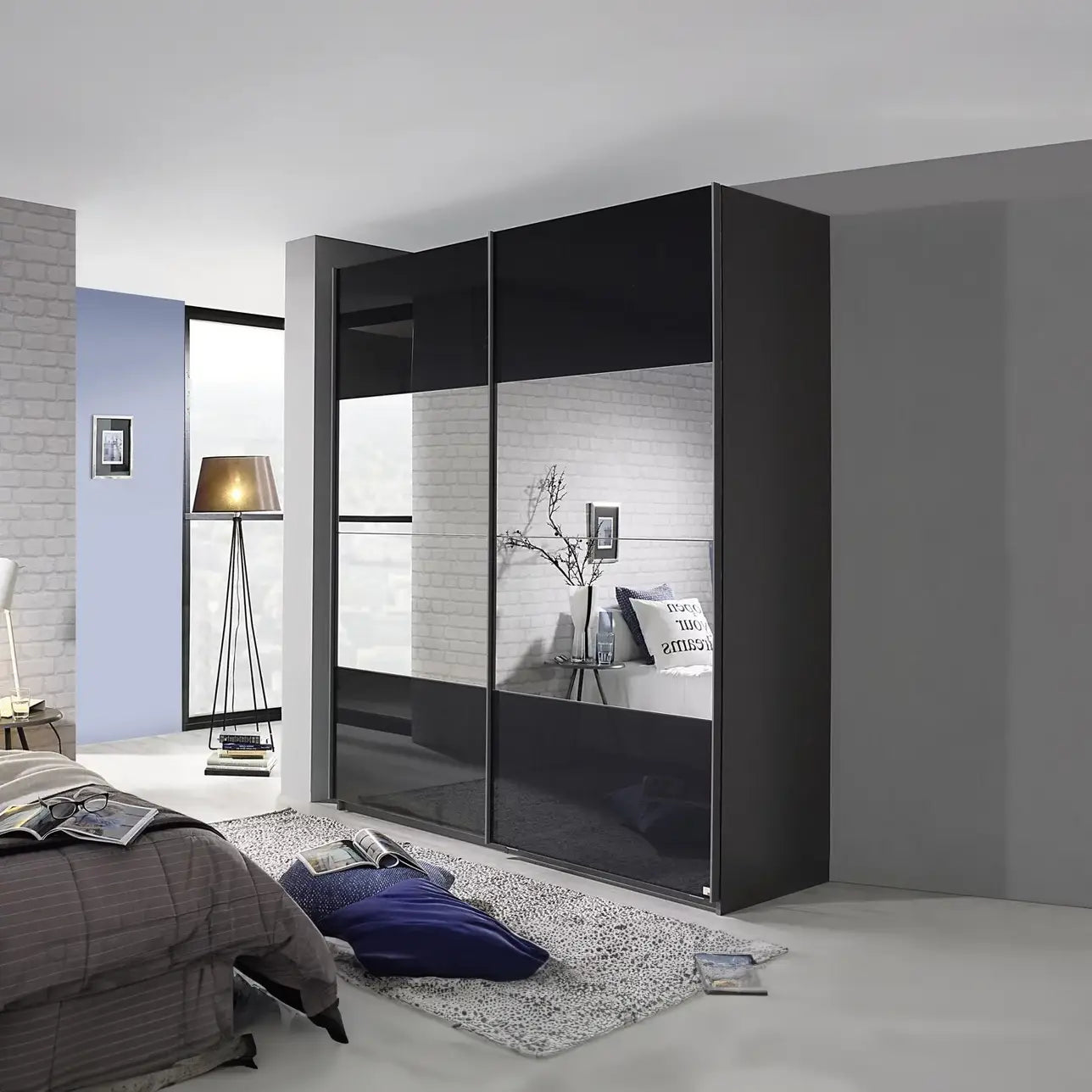 Rauch Forms Basalt Glass 2 Door Sliding Wardrobe with Mirror 