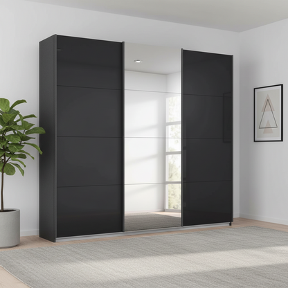 German-made Rauch Forms 3 door sliding wardrobe with basalt tempered glass fronts – a near-black dark grey – and mirrored centre door. Free delivery.
