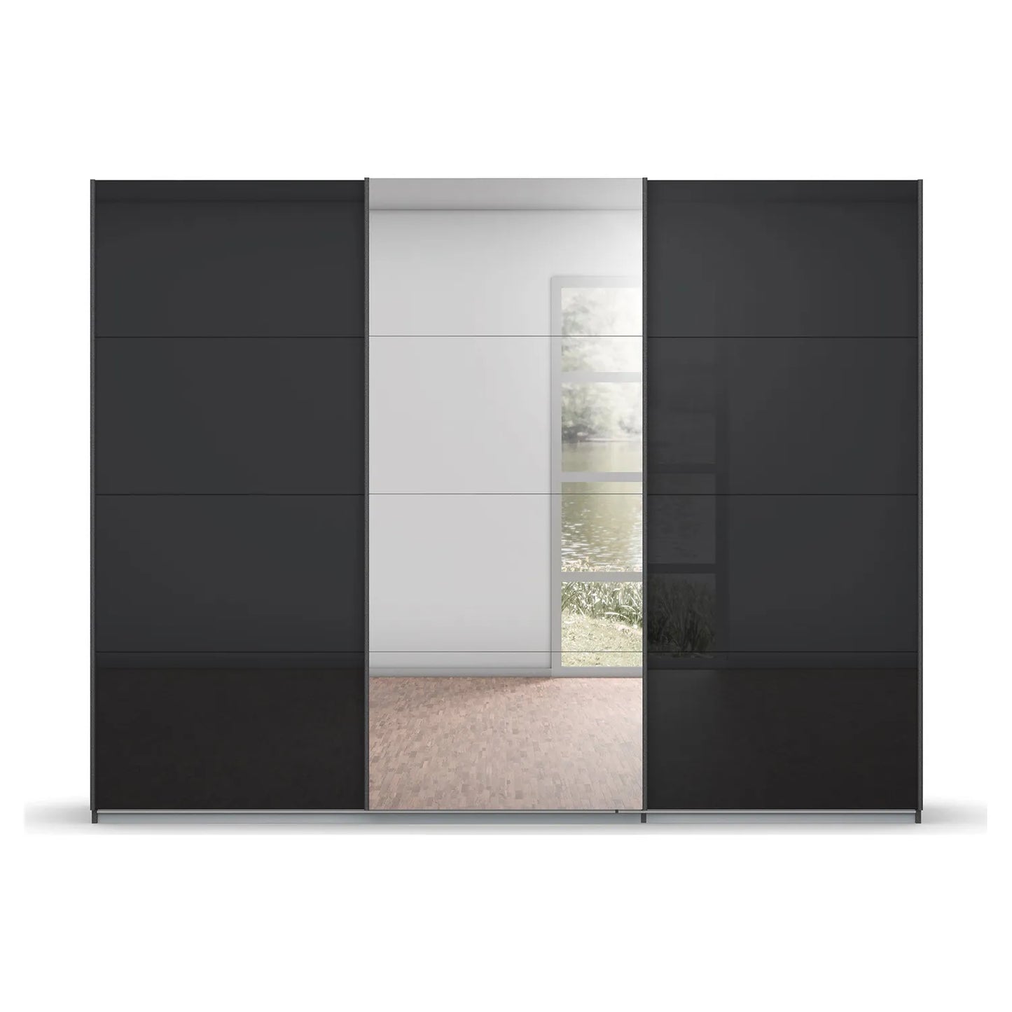 Rauch Forms Black Glass 3 Door Sliding Wardrobe with Mirror - Front view
