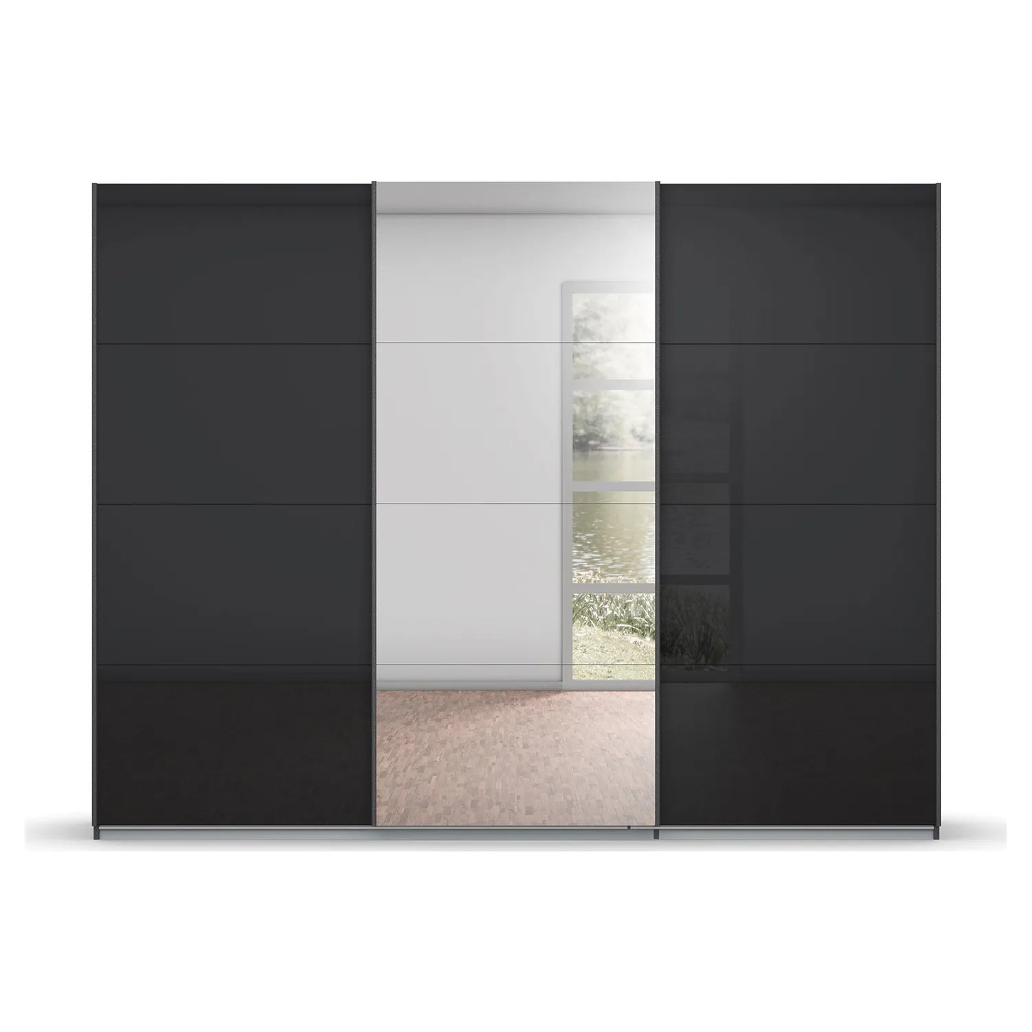 Rauch Forms Black Glass 3 Door Sliding Wardrobe with Mirror - Front view