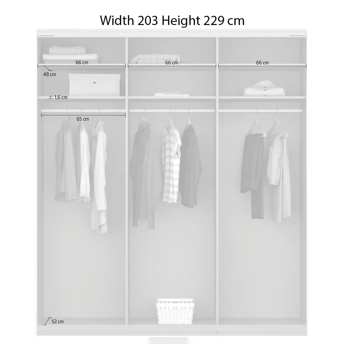 Rauch Forms Champagne Glass 3 Door Sliding Wardrobe - Interior view with Dimensions