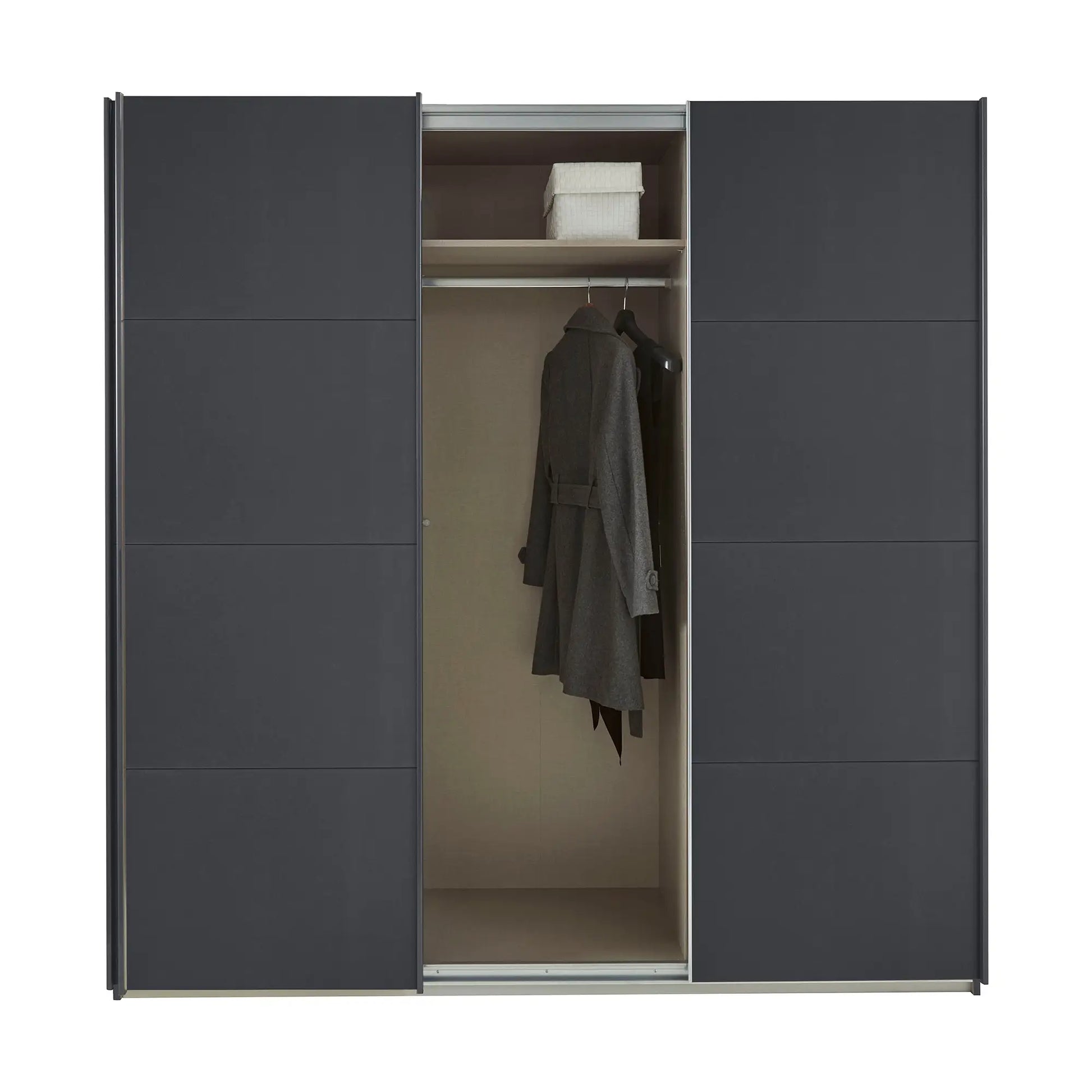 Rauch Forms Metallic Grey Decor 3 Door Sliding Wardrobe - Interior view Styled in a Bedroom