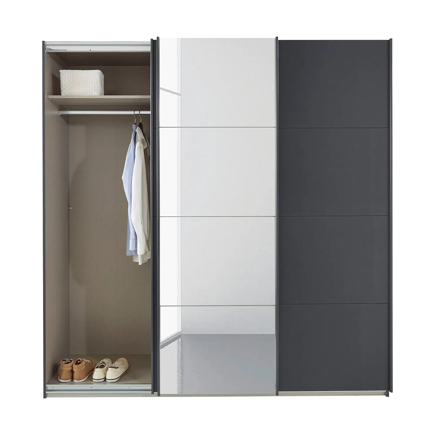 Rauch Forms Metallic Grey & Mirror 3 Door Sliding Wardrobe - Interior view Styled in a Bedroom