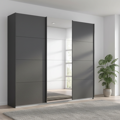 German-made Rauch Forms 3 door sliding wardrobe in matt metallic grey, a near-black finish, with mirrored centre door. 203cm or 271cm. Free delivery.
