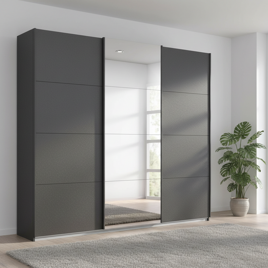 German-made Rauch Forms 3 door sliding wardrobe in matt metallic grey, a near-black finish, with mirrored centre door. 203cm or 271cm. Free delivery.
