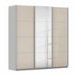 A modern three-door wardrobe with two champagne sliding doors and one Middle Mirror sliding door, Carcase is Silk Grey
