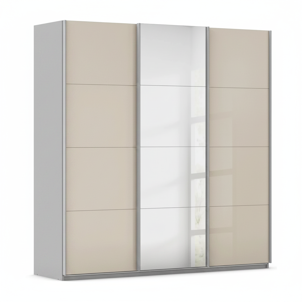 A modern three-door wardrobe with two champagne sliding doors and one Middle Mirror sliding door, Carcase is Silk Grey