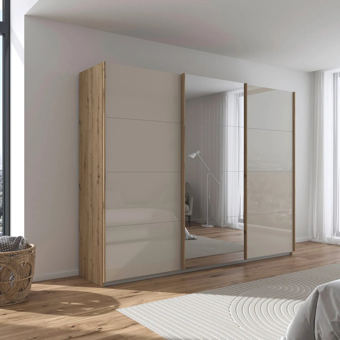 Rauch Forms Oak & Champagne Glass Large  3 Door Sliding Wardrobe 