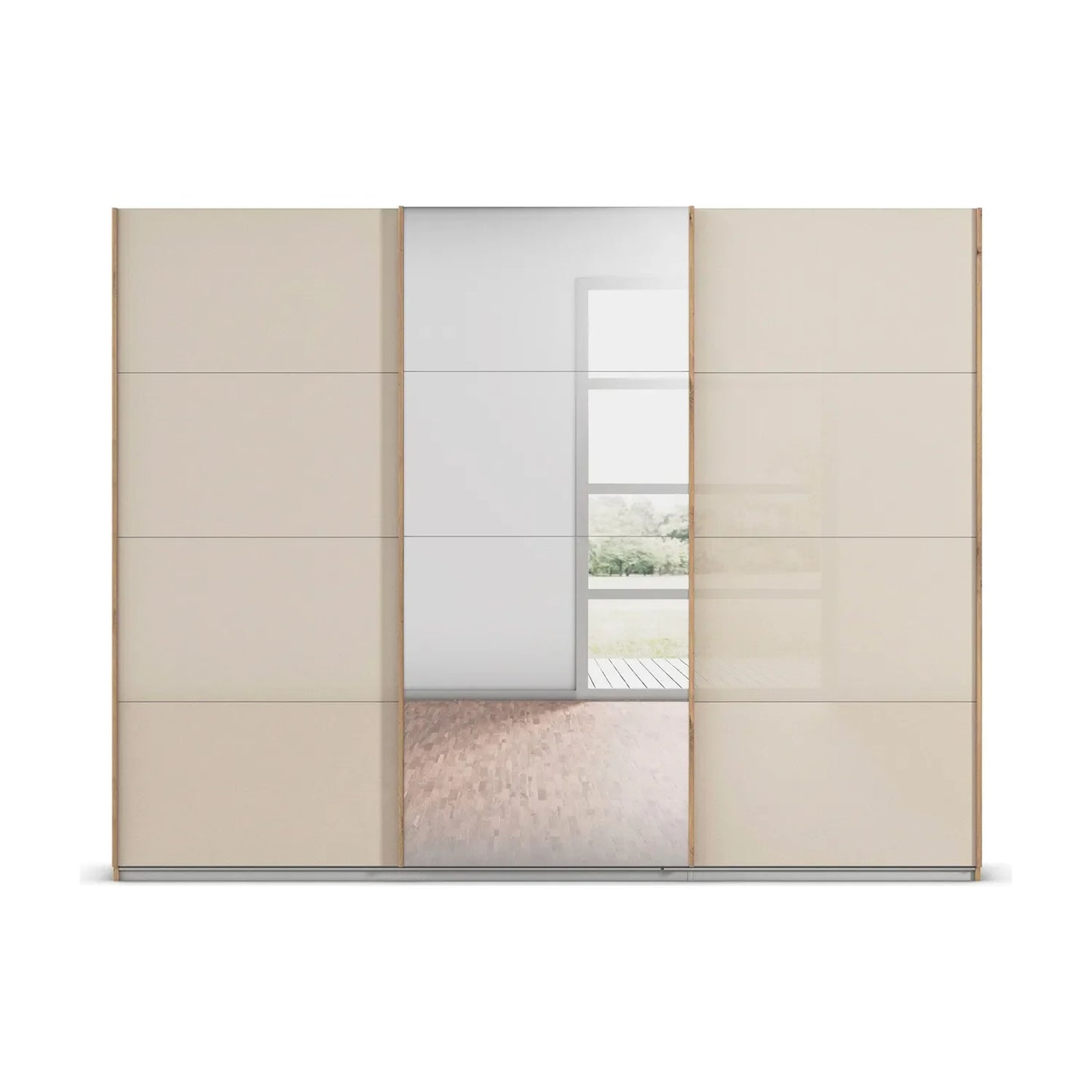 Rauch Forms Large 271cm Wide Oak & Champagne Glass 3 Door Sliding Wardrobe 