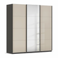 A modern three-door wardrobe with two champagne sliding doors and one Middle Mirror sliding door, Carcase is Graphite