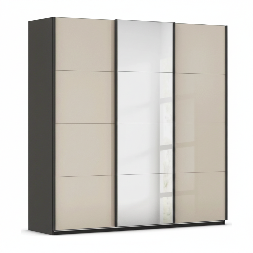 A modern three-door wardrobe with two champagne sliding doors and one Middle Mirror sliding door, Carcase is Graphite