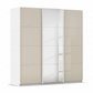 A modern three-door wardrobe with two champagne sliding doors and one Middle Mirror sliding door, Carcase is White