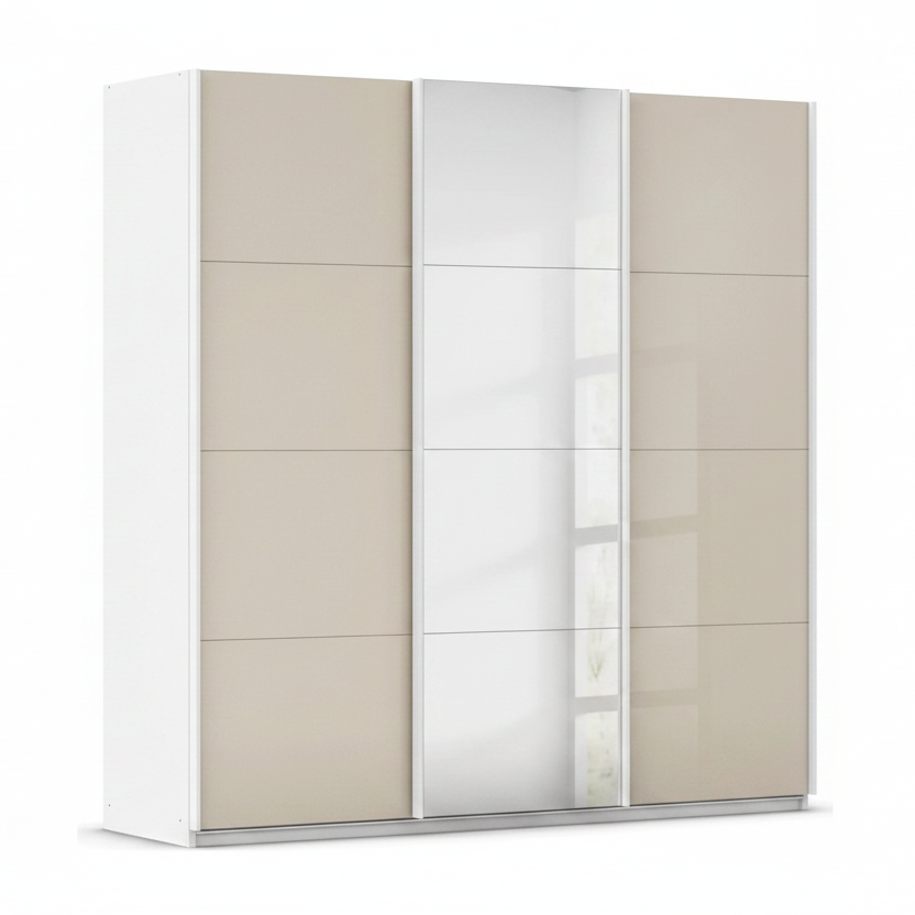 A modern three-door wardrobe with two champagne sliding doors and one Middle Mirror sliding door, Carcase is White