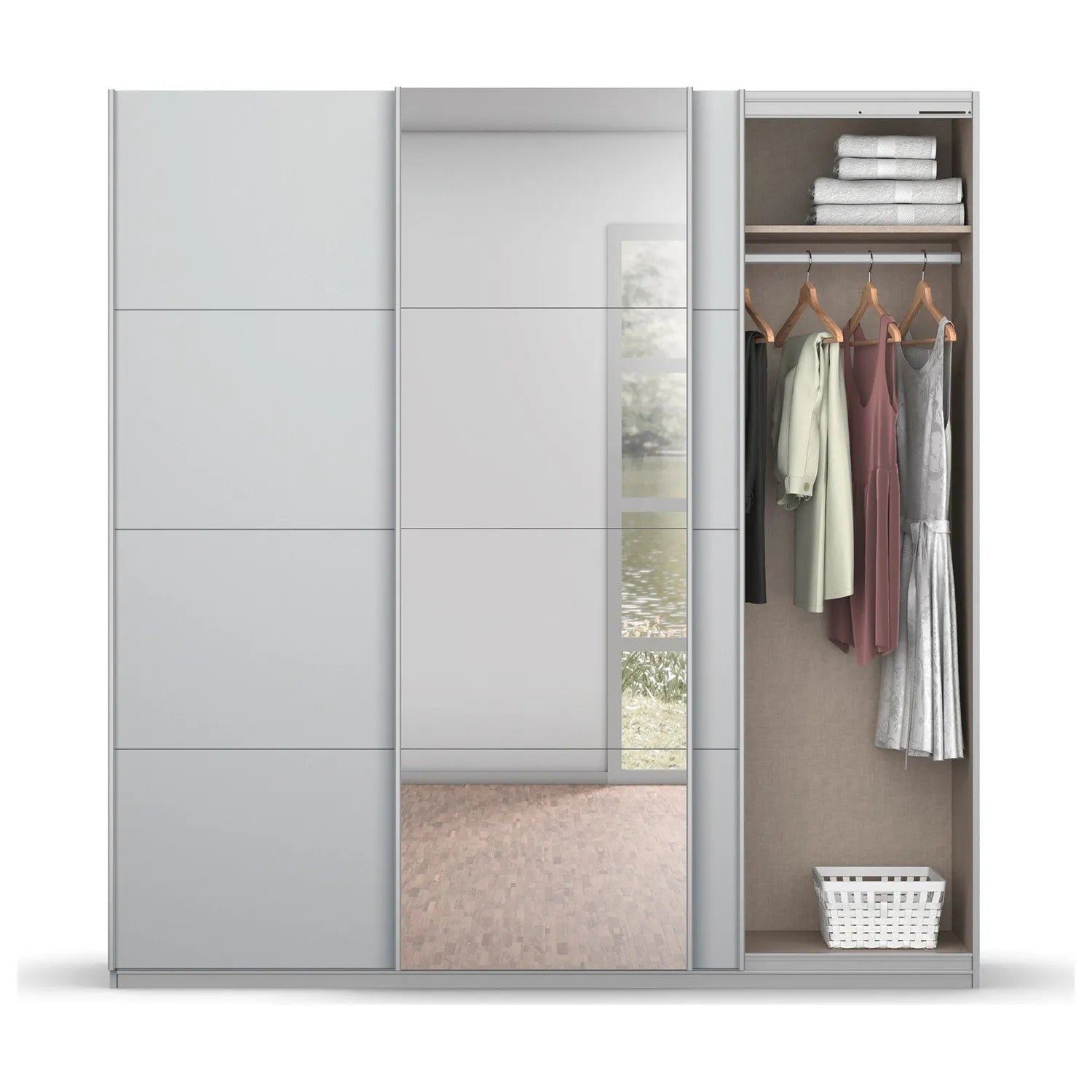 Rauch Forms Silk Grey Glass 3 Door Sliding Wardrobe with Mirror - interior view Styled in a Bedroom