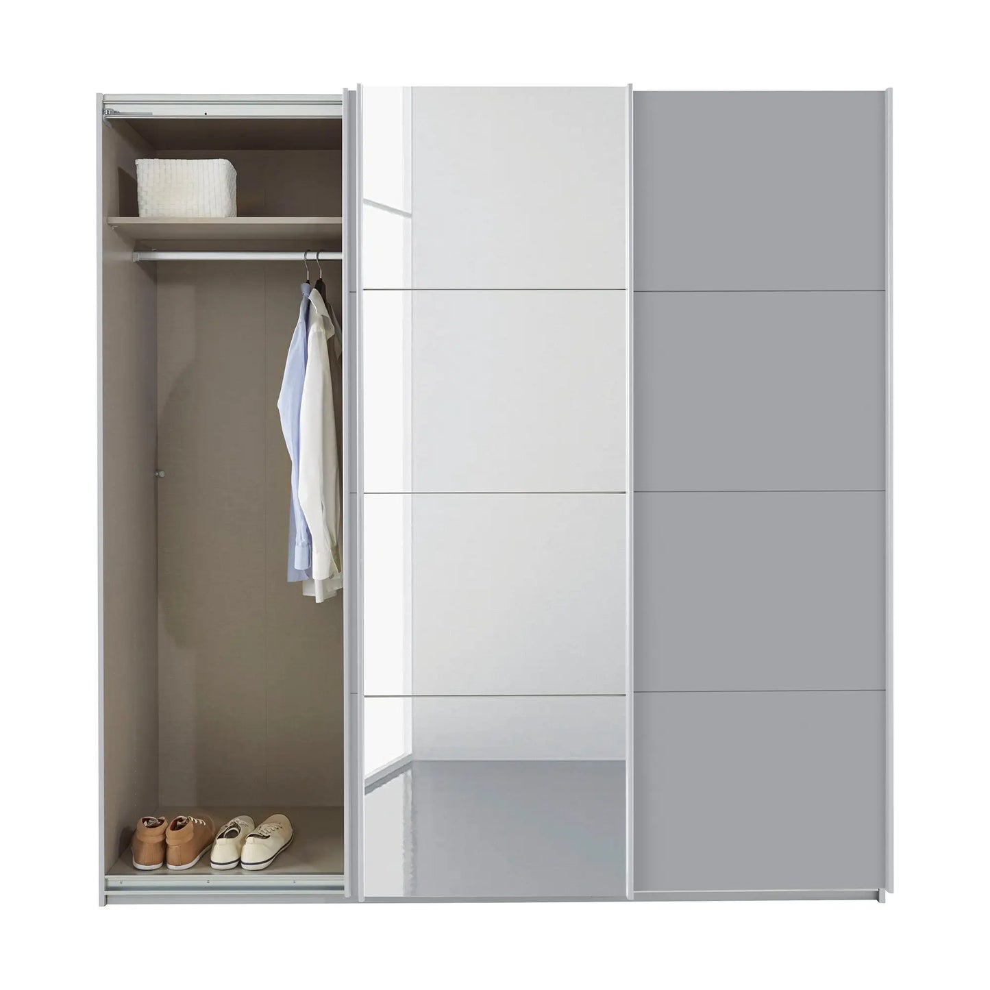 Rauch Forms Silk Grey & Mirror 3 Door Sliding Wardrobe - Interior view Styled in a Bedroom