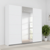 German-made Rauch Forms 3 door sliding wardrobe in matt white with a mirrored centre door. 203cm or 271cm wide. Free delivery, 10-year guarantee.
