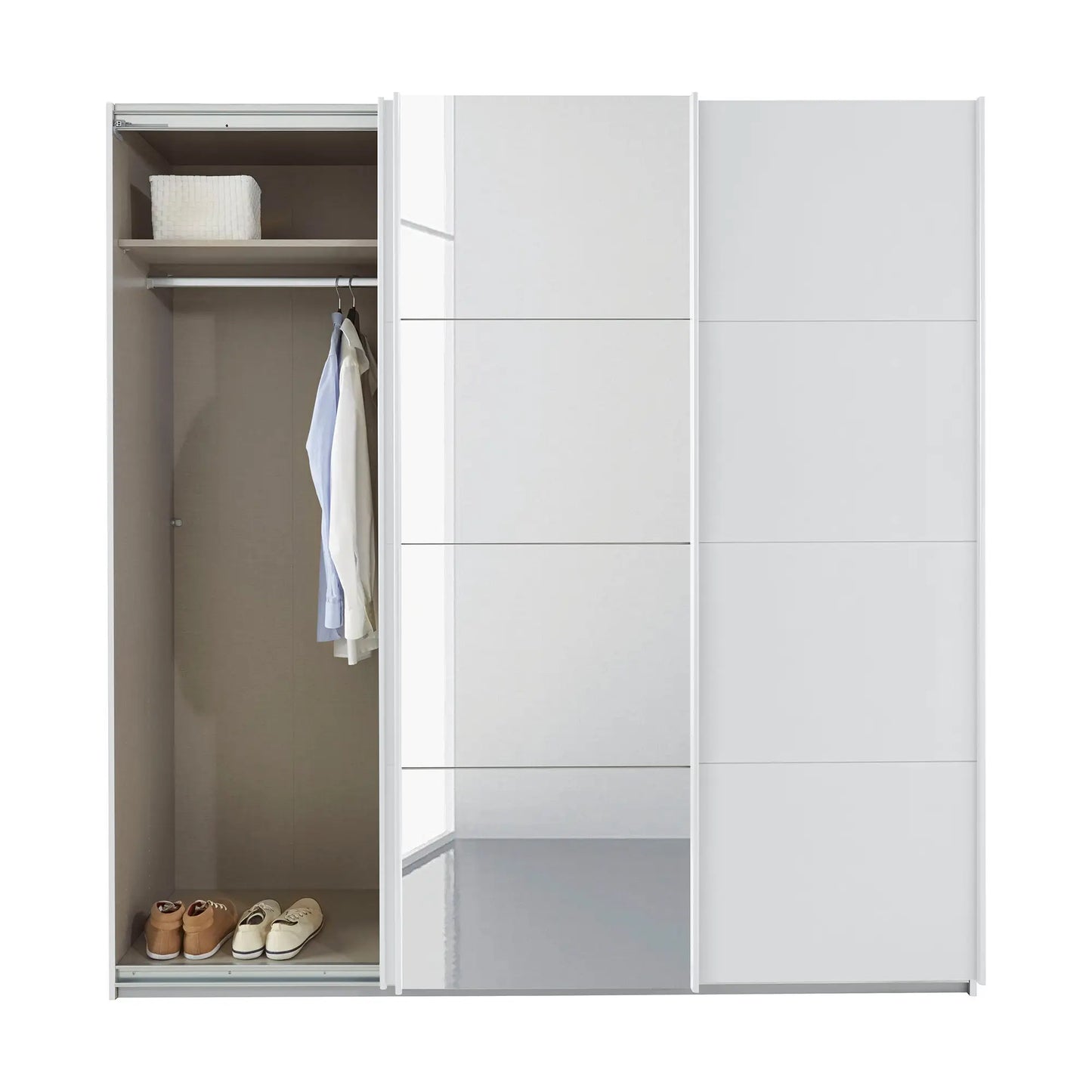 Rauch Forms White Decor 3 Door Sliding Wardrobe with Mirror - Interior view Styled in a Bedroom