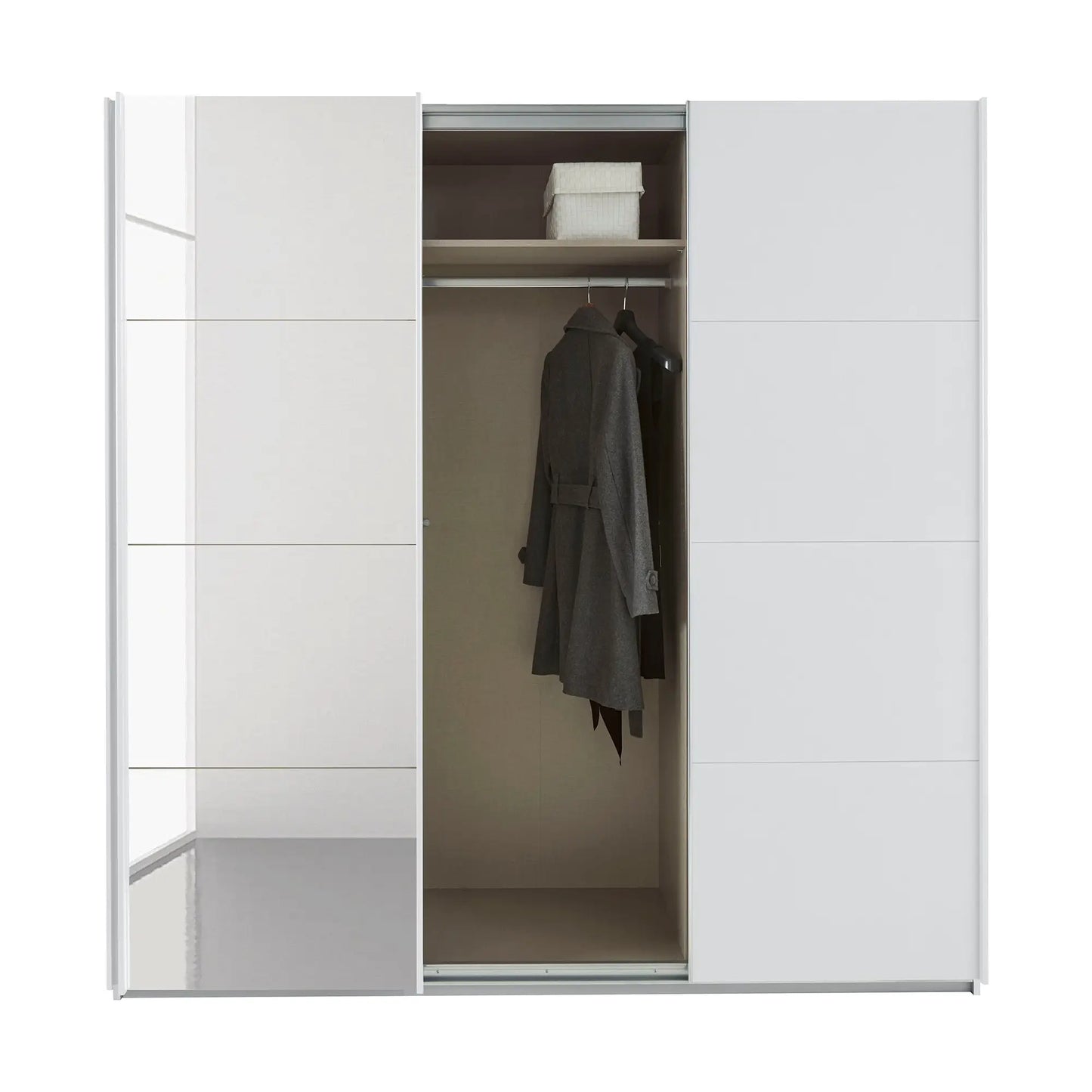 Rauch Forms White Decor 3 Door Sliding Wardrobe with Mirror - Interior view Styled in a Bedroom