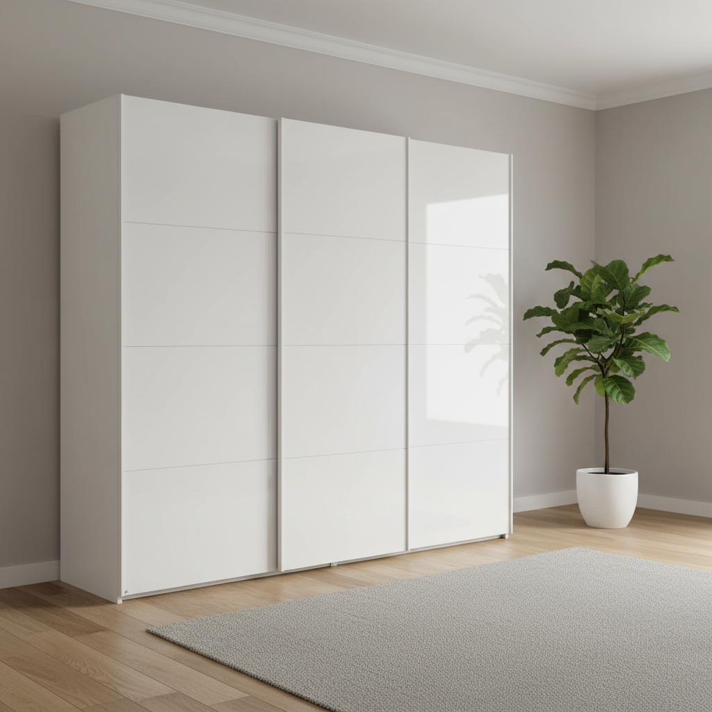 German-made Rauch Forms 3 door sliding wardrobe with silk grey tempered glass fronts. 203cm or 271cm wide, two heights. Free delivery, 10-year guarantee.
