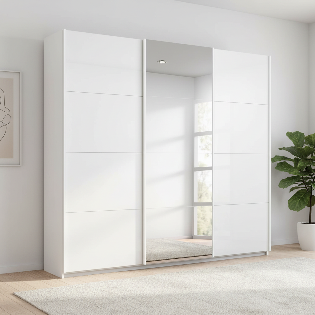 Rauch Forms White Glass 3 Door Sliding Wardrobe with Mirror
