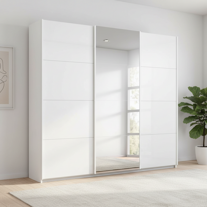 Rauch Forms three door sliding wardrobe with white tempered glass fronts and a mirrored centre door
