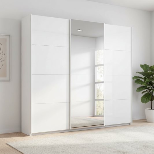 Rauch Forms White Glass 3 Door Sliding Wardrobe with Mirror