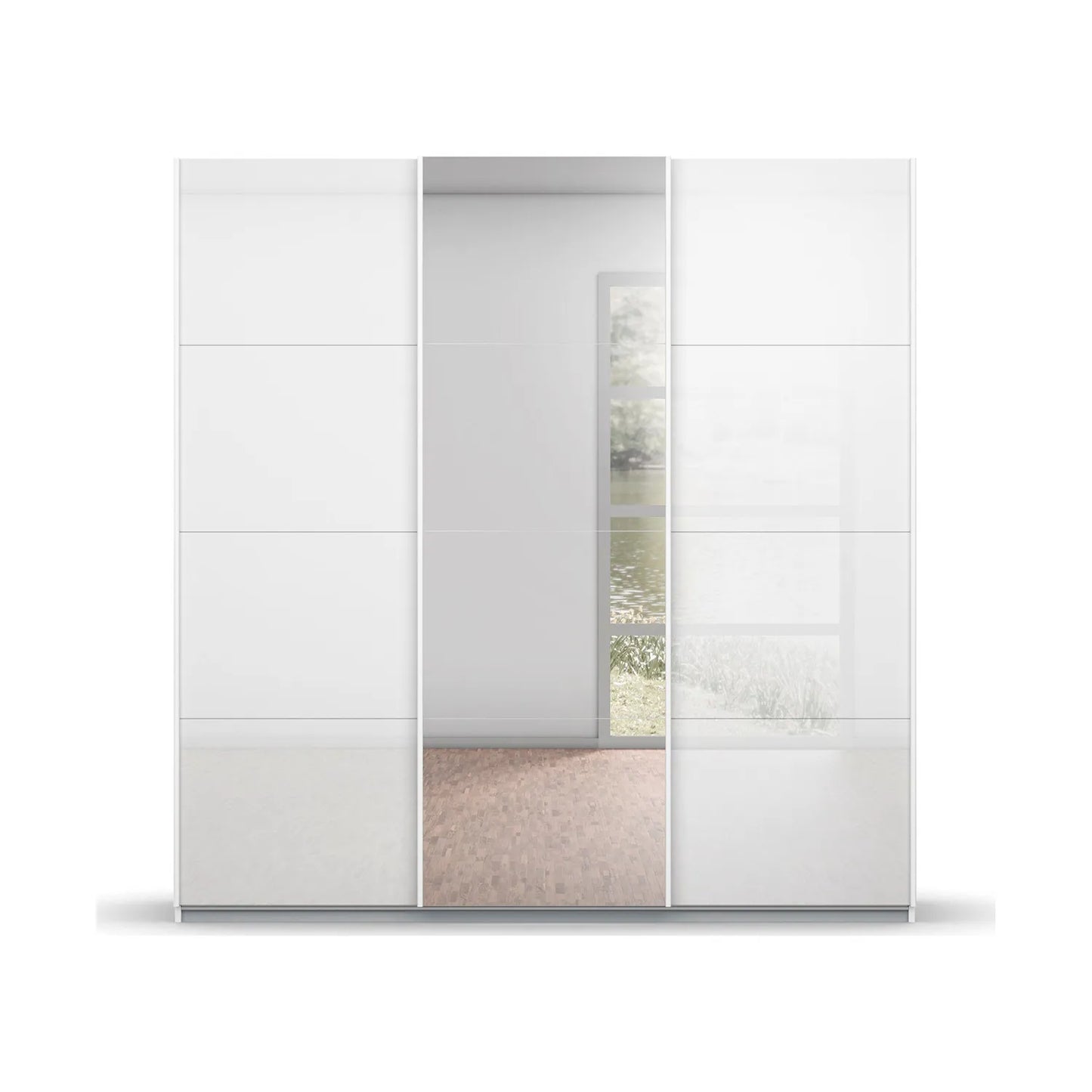 Rauch Forms White Glass 3 Door Sliding Wardrobe with Mirror - Front view