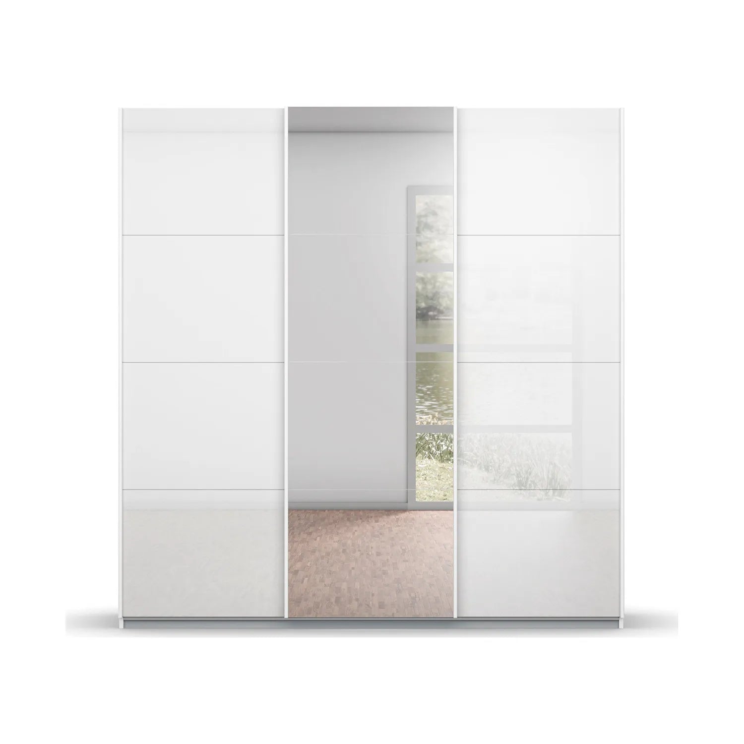 Rauch Forms White Glass 3 Door Sliding Wardrobe with Mirror - Front view