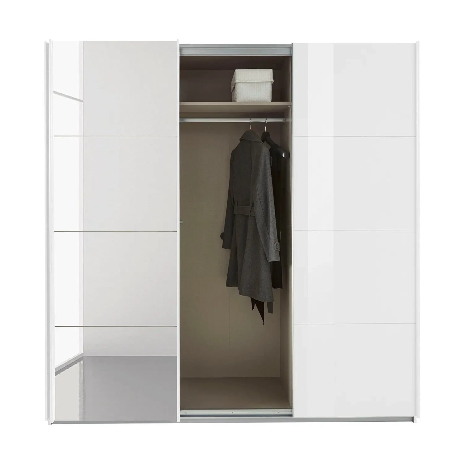 Rauch Forms White Glass 3 Door Sliding Wardrobe with Mirror - Interior view Styled in a Bedroom