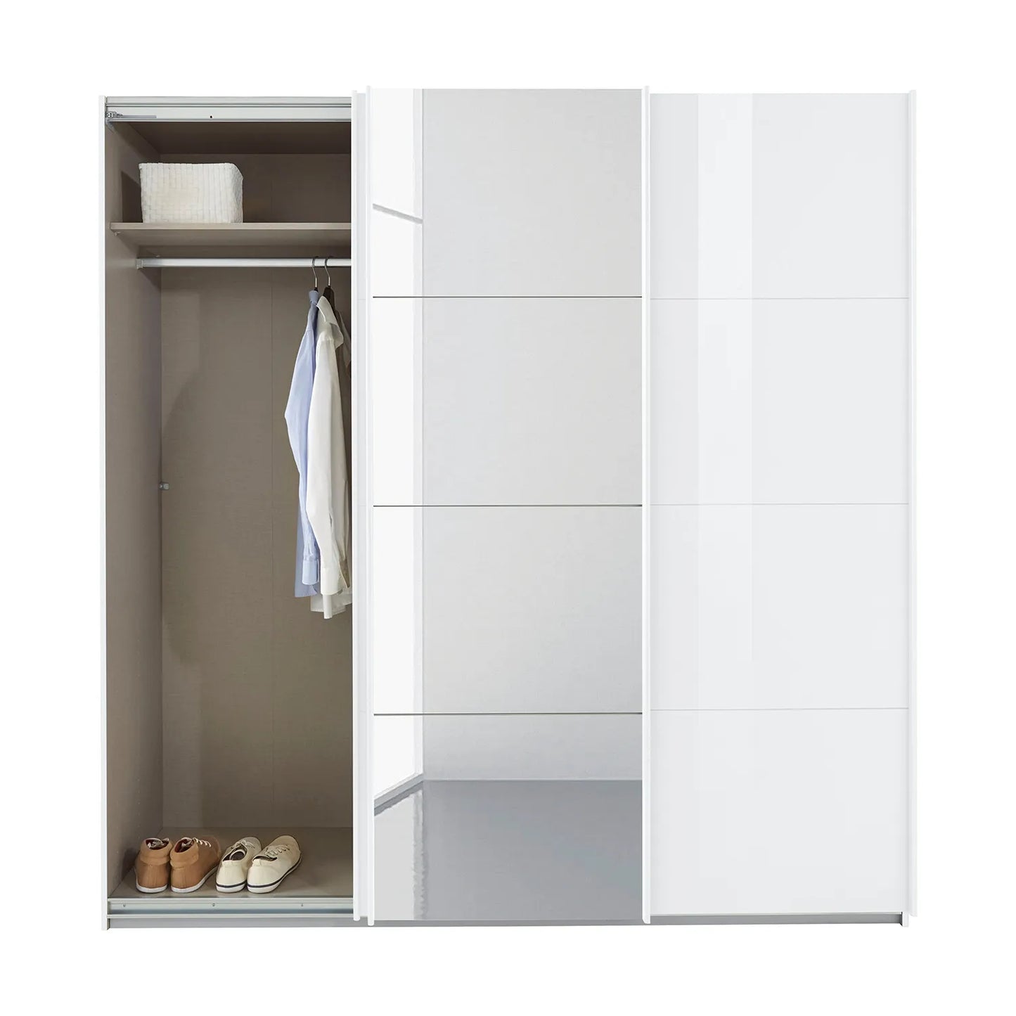 Rauch Forms White Glass 3 Door Sliding Wardrobe with Mirror - Interior view Styled in a Bedroom