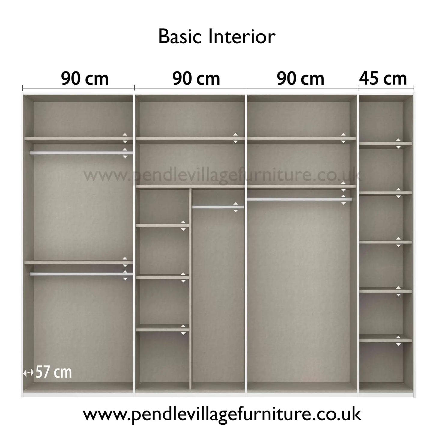 Rauch Frankfurt Two Tone Mirror Front Sliding Door Wardrobe - W316cm - Basic Interior with Dimensions
